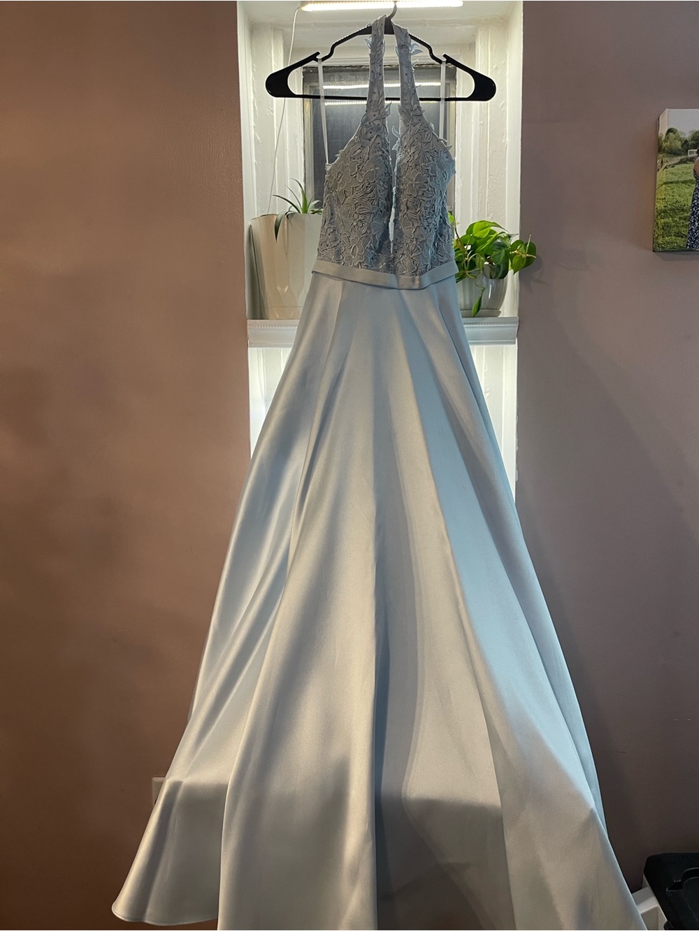 Blondie Nites Light Blue Halter Lace Bodice Prom Gown